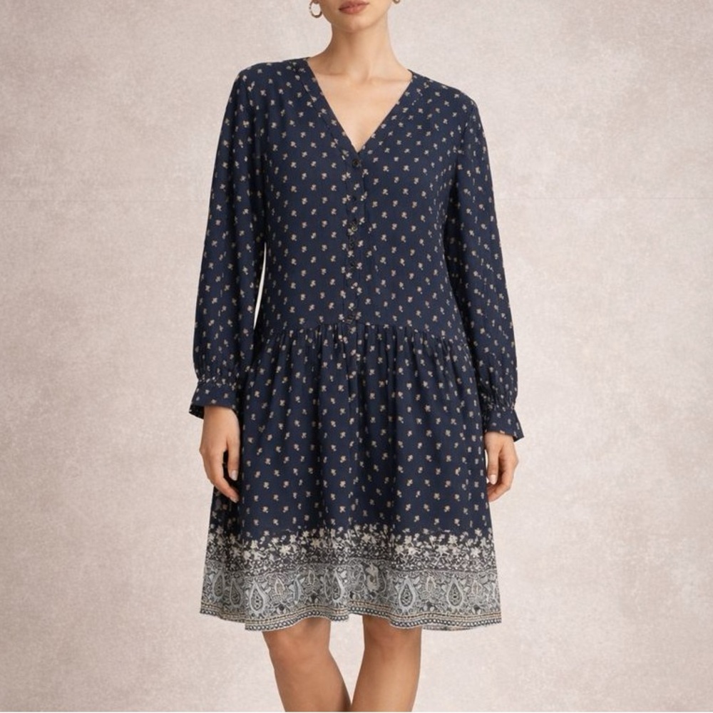 Garnet‎ Hill Ditsy Floral Drop Waist Shift Button Up Dress In Blue Women's Sz 12